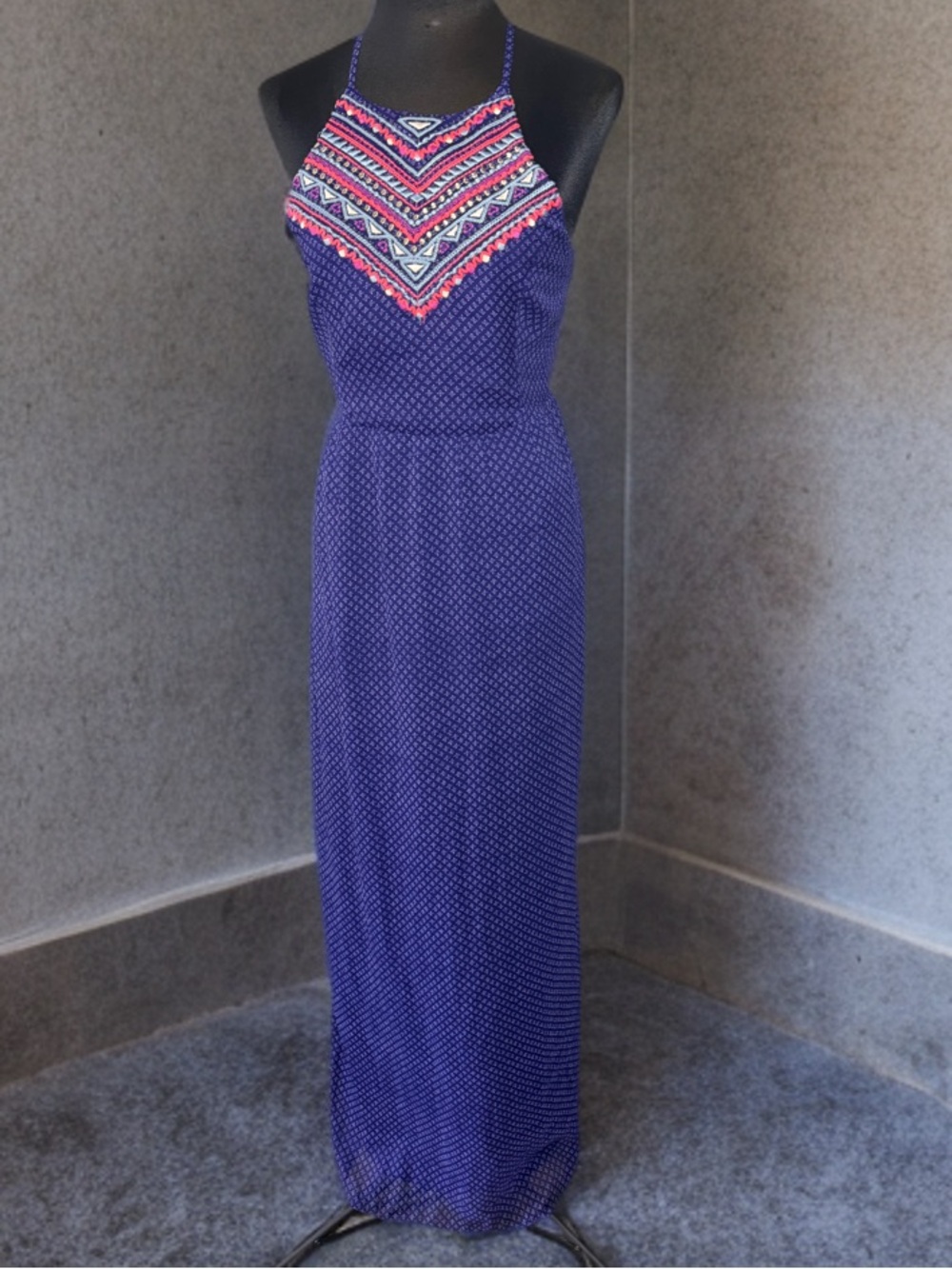 American Eagle Outfitters Embroidered Halter Maxi Dress Blue Open Back Boho 14